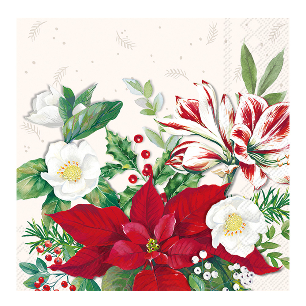 Läs mer om IHR - Servett Christmas Florals 33x33cm 20-pack Vit/Röd