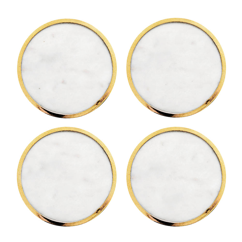 Hilke - Drikkebrikker marmor & messing 10,5 cm 4 stk hvit