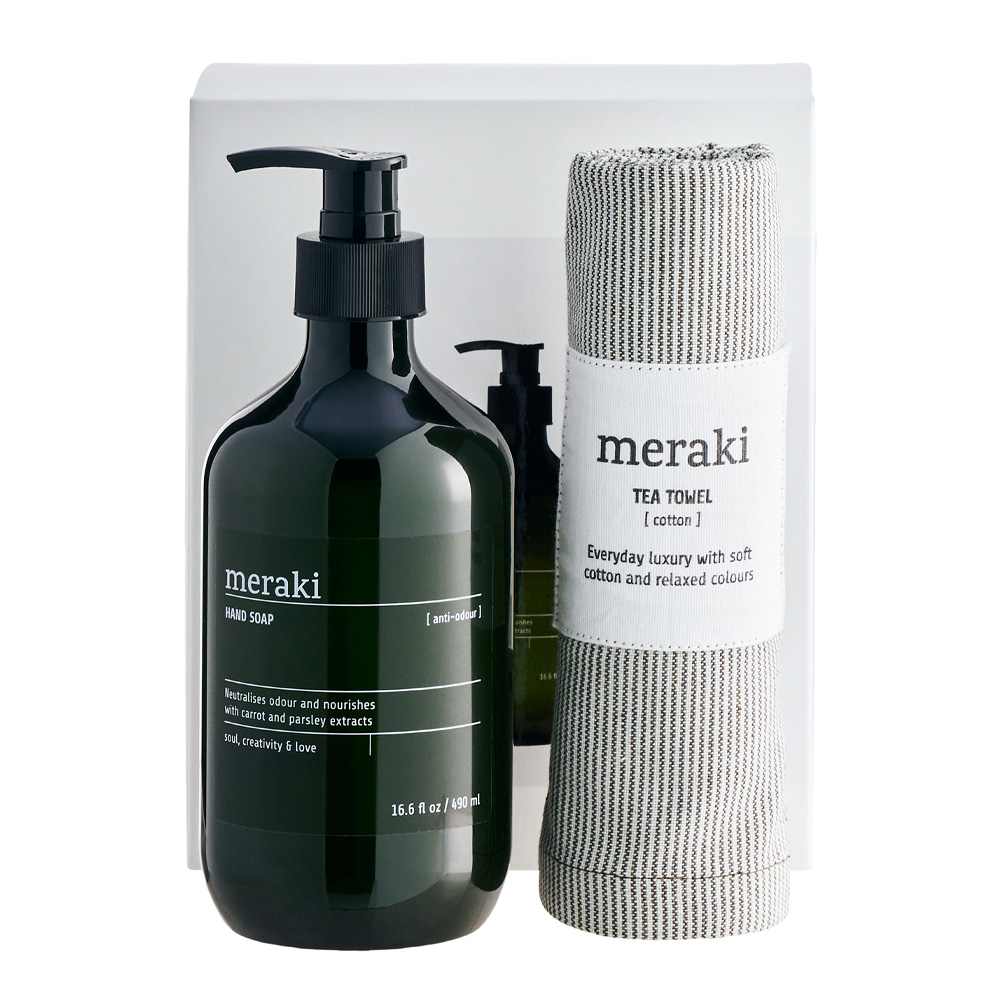 Meraki – Home Presentask Handtvål 490 ml och Kökshandduk Grön