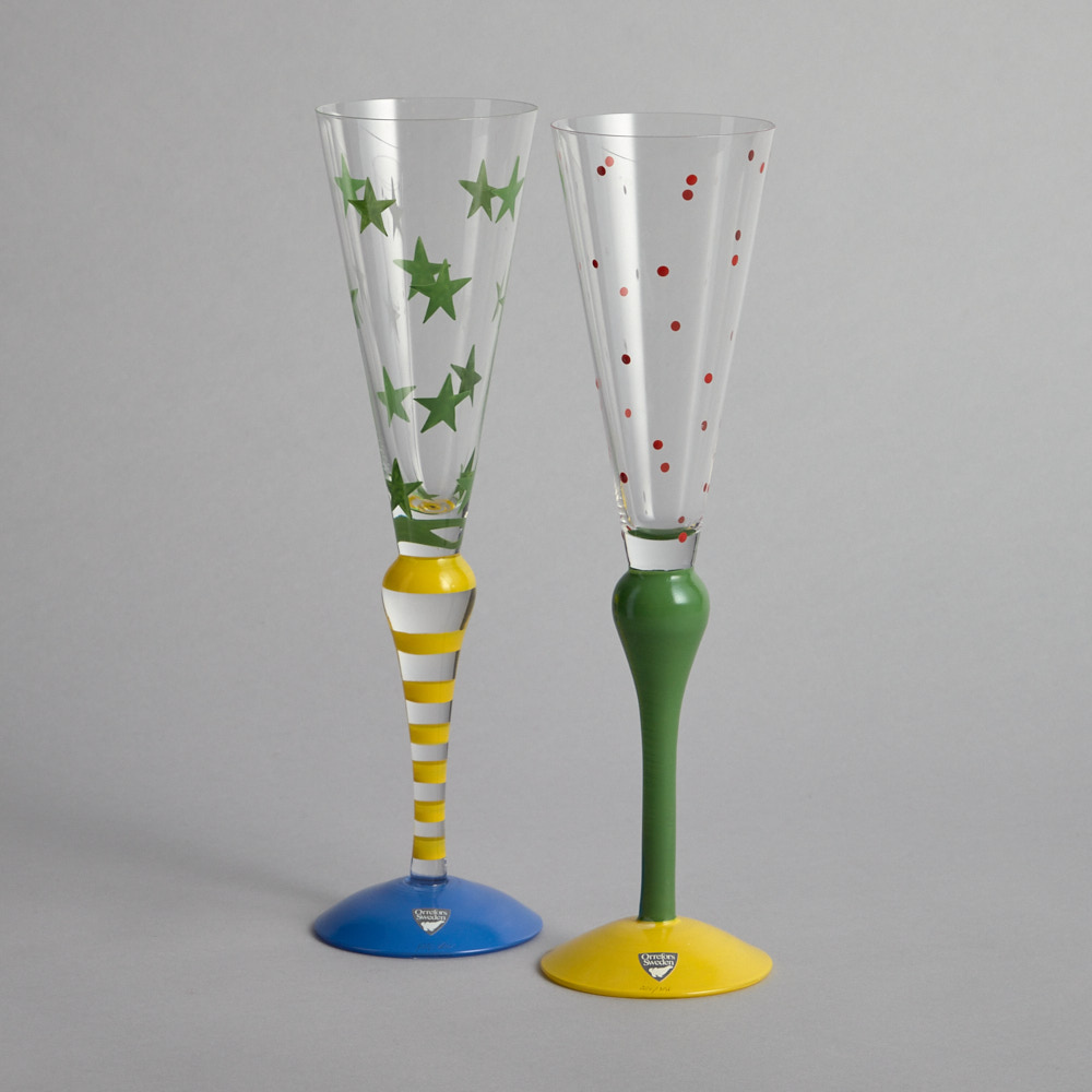 Orrefors – SÅLD ”Clown” Champagneglas 2 st Gul/Grön/Blå