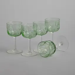 Vintage SÅLD Likörglas med grön kupa och gravyr 5 st 