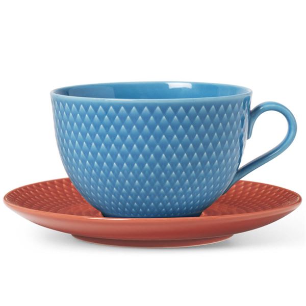 Lyngby Porcelain – Rhombe Color Tekopp m Fat 39 cl Blå/Terracotta