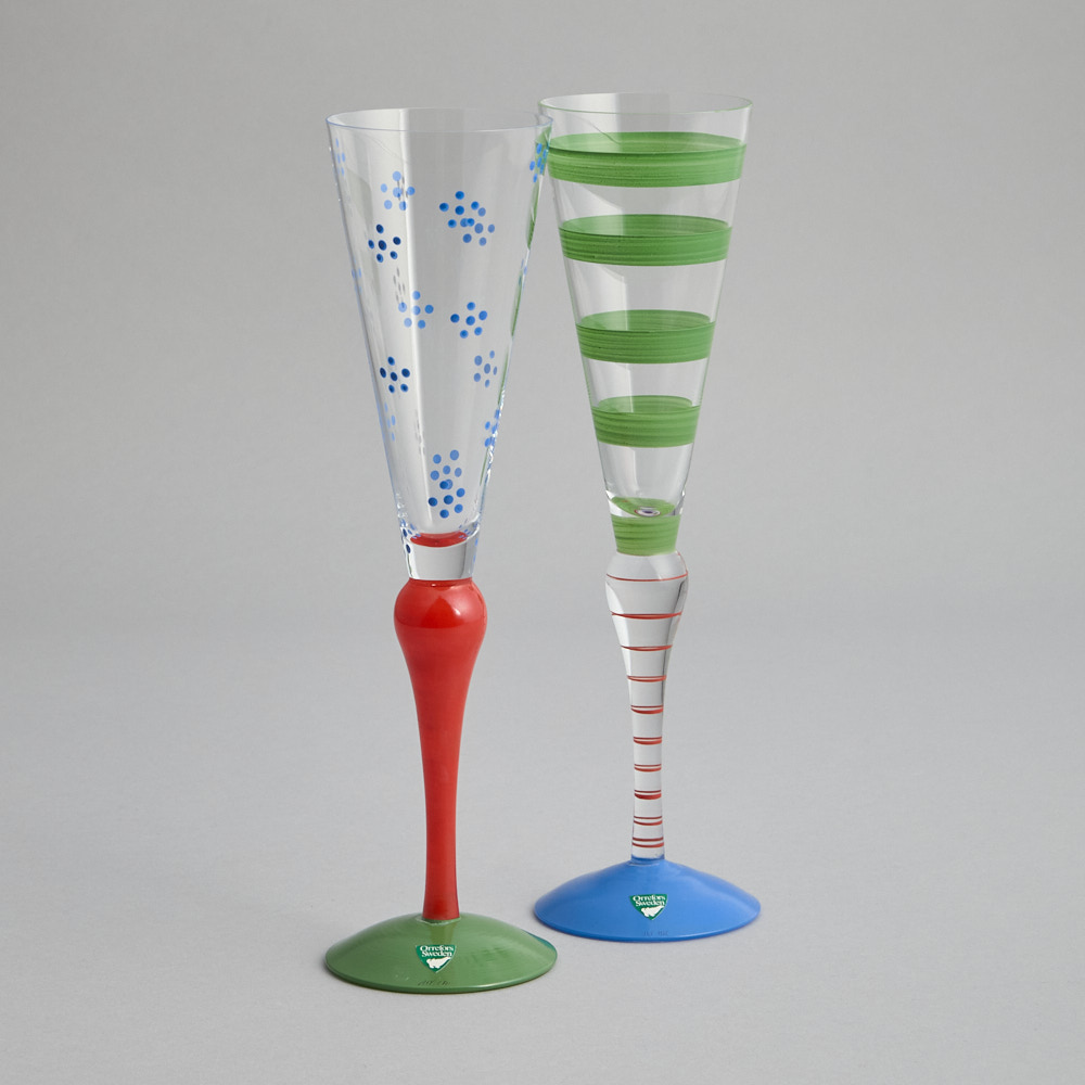 Orrefors – SÅLD ”Clown” Champagneglas 2 st Röd/Blå/Grön