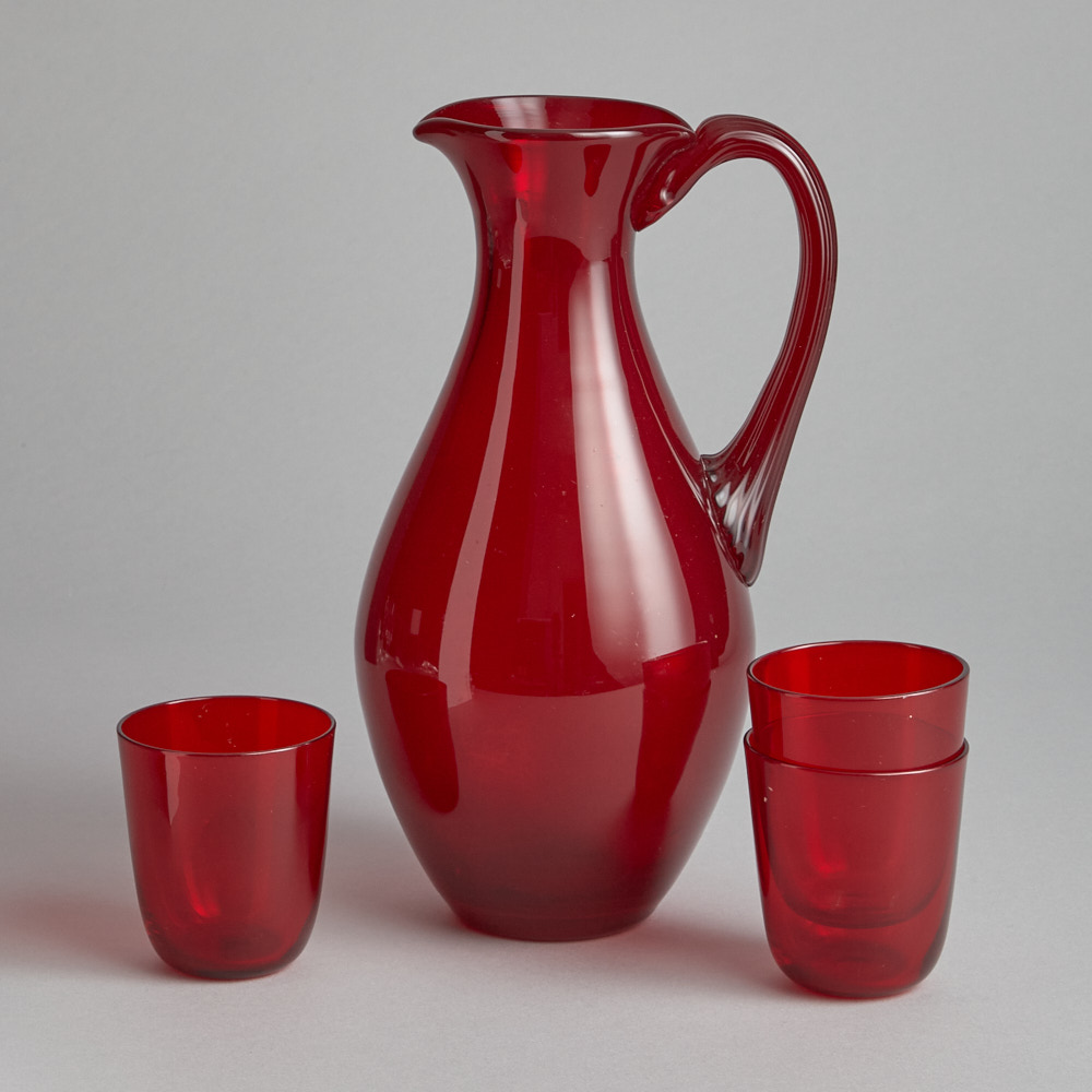 Reijmyre Glasbruk - Rubinröd Karaff samt 3 st Glas