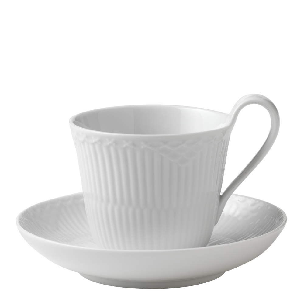 Royal Copenhagen – White Fluted Half Lace kopp med högt handtag 25 cl + fat