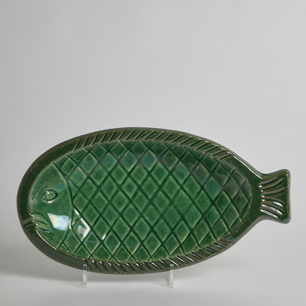 Höganäs Keramik - SÅLD Fat i Form av Fisk med Grön Glasyr