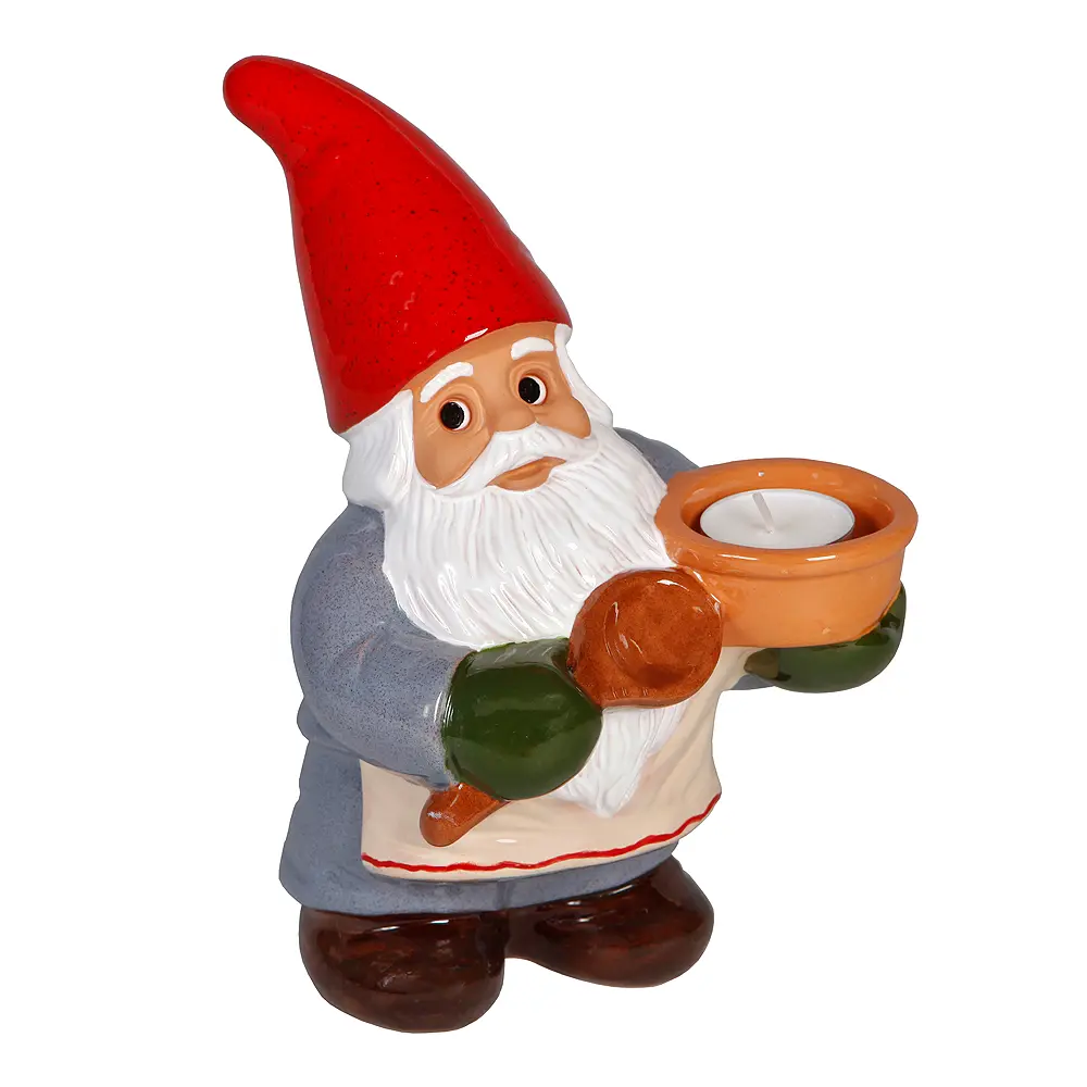 Nisse med sleiv og grøtskål telys 23 cm