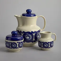 Vintage Kaffekanna, sockerskål och gräddsnipa med blå dekor