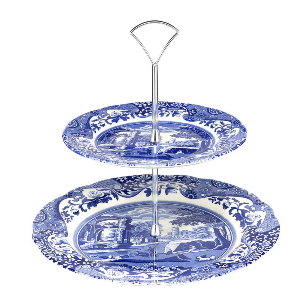 Spode – Blue Italian 2-vånings Kakfat 27 cm