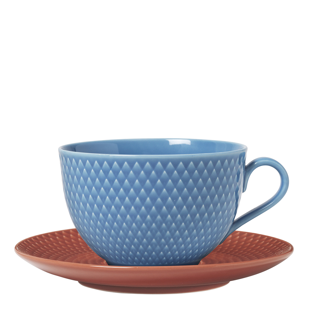 Läs mer om Lyngby Porcelain - Rhombe Color Tekopp m Fat 39 cl Blå/Terracotta