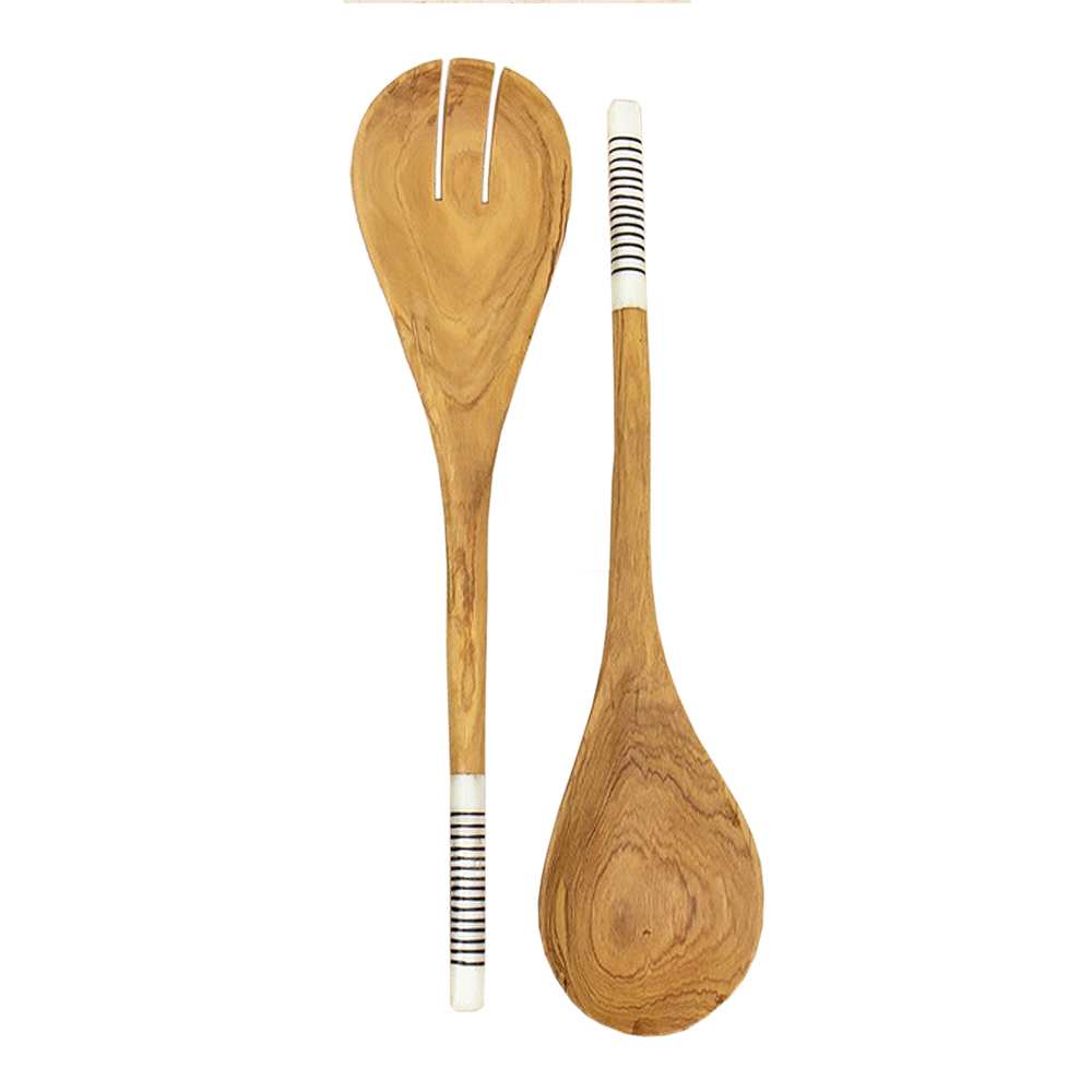 Afroart - Stripe Salladsbetick Olivträ 2 delar